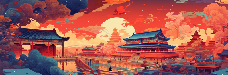 红色渐变大气国潮风插画故宫远山祥云日出日落太阳背景,插画/手绘图,插画/手绘图库,插画/手绘图下载,插画/手绘